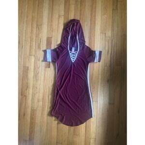 No Boundaries Burgundy Hooded Lace Up T-Shirt Dress Maroon Athletic Stripe "M"
